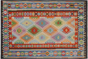 Flat Weave Kilim, Antique, Navaho, Vintage, Handmade, Geometric Kilim Blue Rust Hand-Woven Rectangle 100% Wool Area Rug 8 x 12